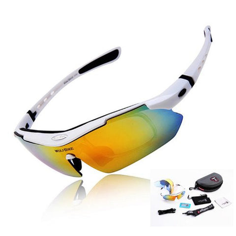 WOLFBIKE Polarized Cycling Sun Glasses Outdoor Sports Bicycle Glasses Bike Sunglasses Running Driving Racing Ski Goggles Eyewear Cool with Exchangeable 5 Lens White Frame