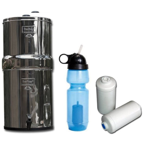 Travel Berkey with 2 Black Filters and 2 Fluoride Fitlers and Water Purifier Bottle