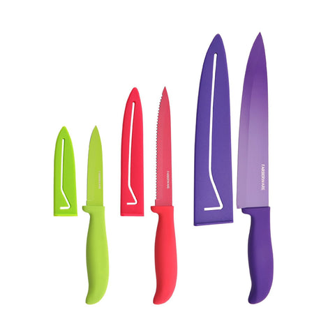 FarberWare Classic Color Series, 6 Piece knife Set, Chef Knife 8 inch, Utility Knife 5 1/2 inch, Pairing Knife 3 1/2 inch with 3 Blade Covers
