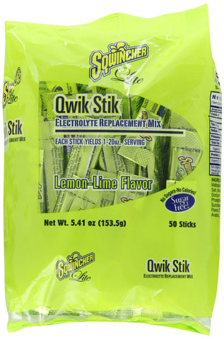 Sqwincher 060106-LL Sugar Free Electrolyte Powdered Beverage Mix Lite Qwik Stik, Lemon-Lime Flavor, 0.11 oz Bag (Pack of 50)
