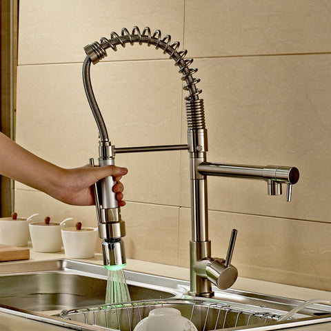 Rozinsanitary Contemporary Single Handle Two Spouts Kitchen Sink Faucet With Led Pull Out Sprayer Kitchen Faucet Brushed Nickel