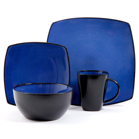 Gibson Bella Soho 16-Piece Square Reactive Glaze Dinnerware Set, Blue/Black
